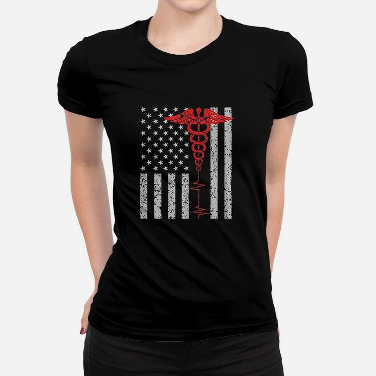 Nurse For Women Thin Red Line Caduceus American Flag Women T-shirt