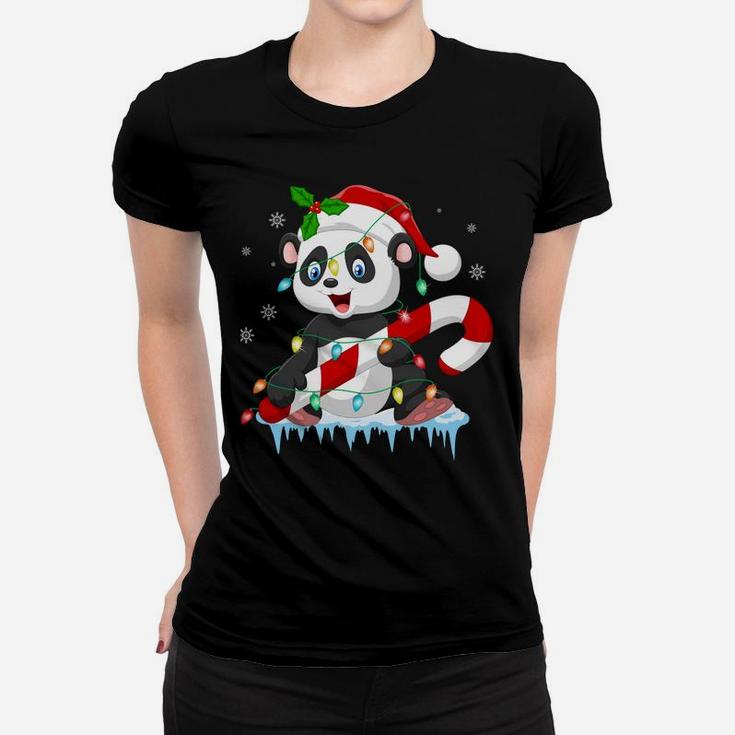 Panda In Santa Hat Xmas Tree Lights Ugly Christmas Pajamas Sweatshirt Women T-shirt