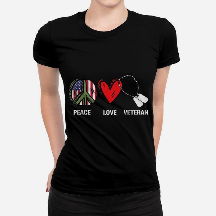 Peace Love Veteran Cool American Flag Military Army Soldier Women T-shirt