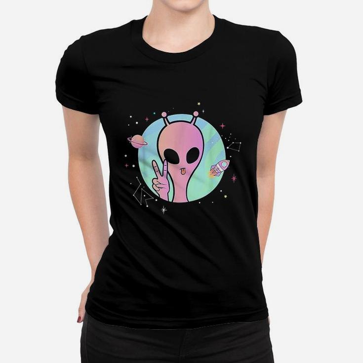 Peace Sign Hand Planet Stars Ufo Cool Trippy Gift Pink Alien Women T-shirt