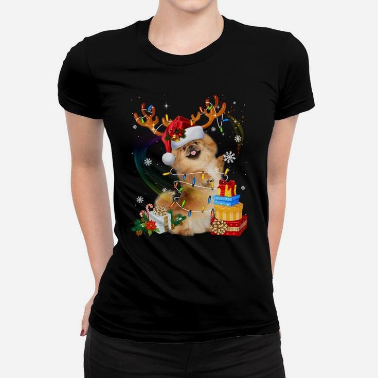 Pekingese Reindeer Christmas Lights Funny Dog Xmas Gift Women T-shirt