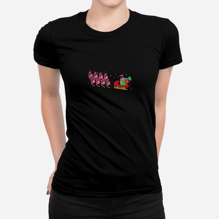 Pink Flamingo With Santa Claus Hat And Reindeer Sleigh Women T-shirt