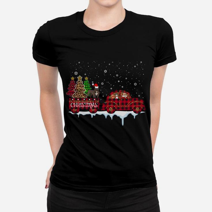 Pit Bull Dog Christmas Red Plaid Truck Santa Xmas Tree Gift Sweatshirt Women T-shirt