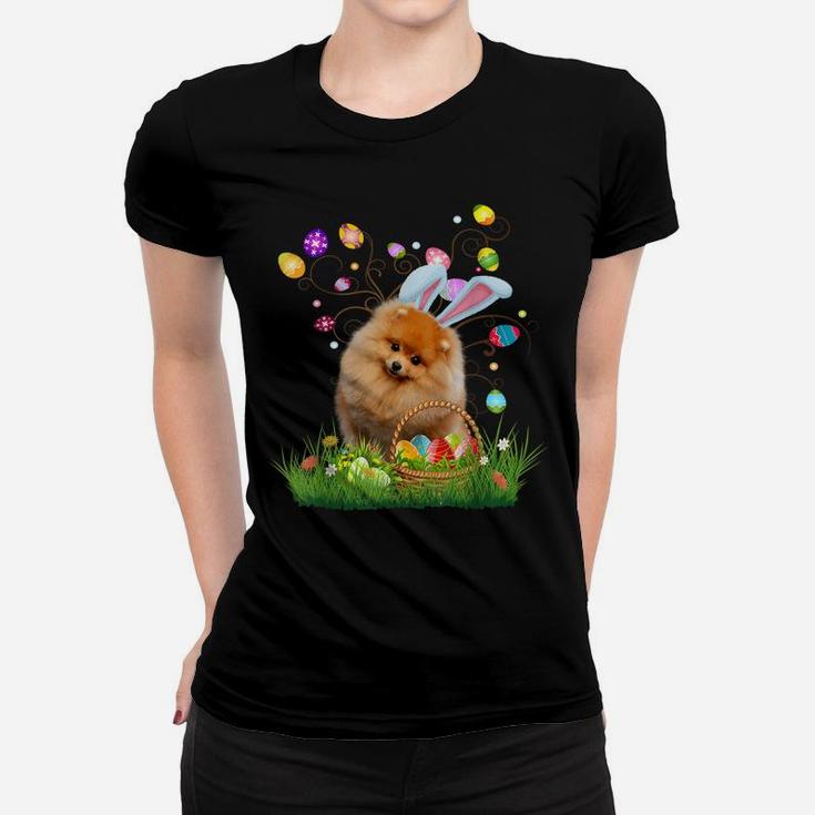 Pomeranian Pet Dog Hunting Egg Tree Bunny Easter Day Women T-shirt