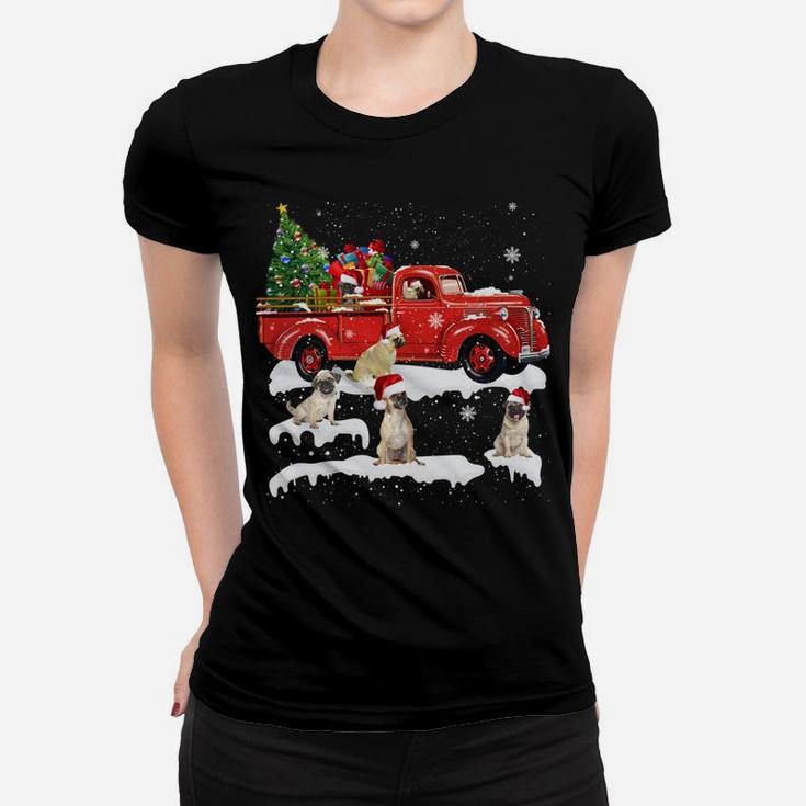 Pug Riding Red Truck Merry Christmas X-Mas Ugly Gift Women T-shirt