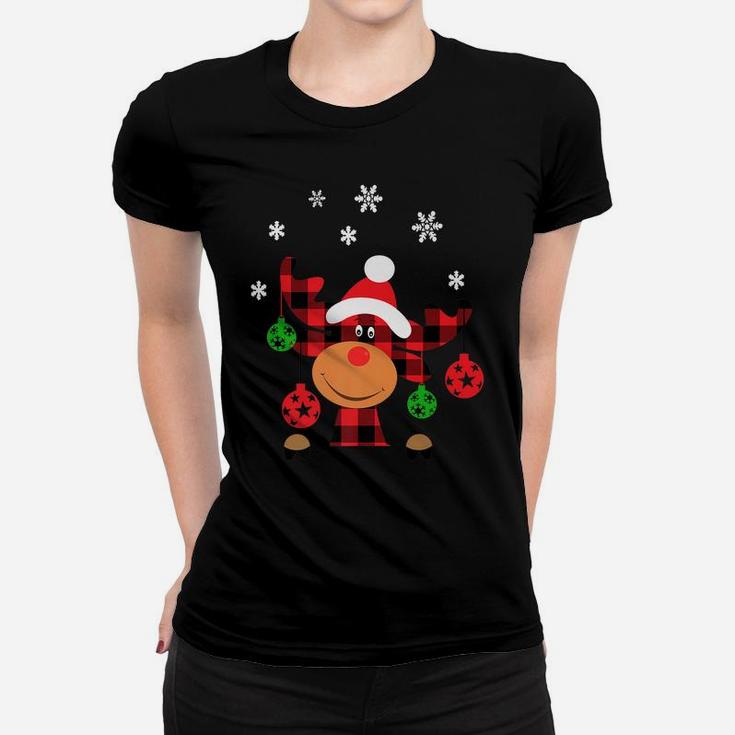 Red Buffalo Check Plaid Reindeer With Christmas Ornaments Women T-shirt