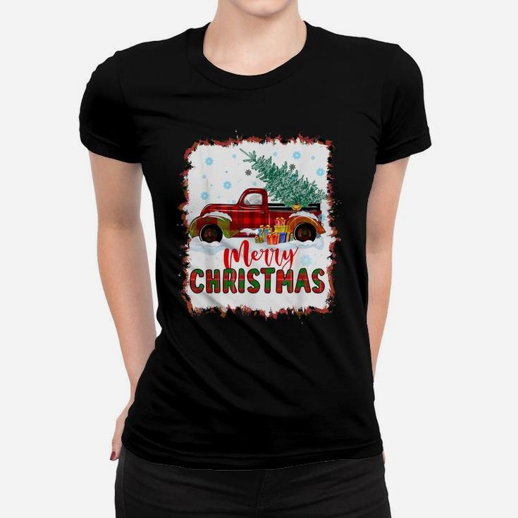 Red Buffalo Plaid Truck Merry Christmas Tree Bleached Print Women T-shirt