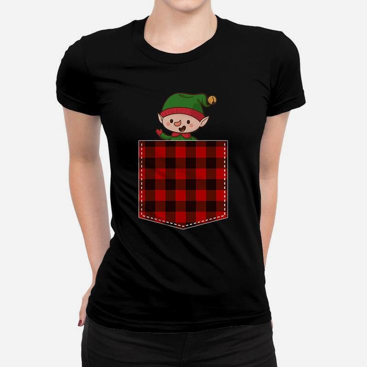 Red Plaid Elf In Pocket Buffalo Family Pajama Christmas Women T-shirt