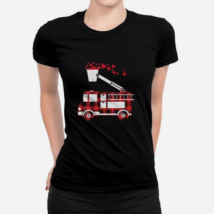Red Plaid Fire Truck Funny Fireman Valentines Day Gift Women T-shirt