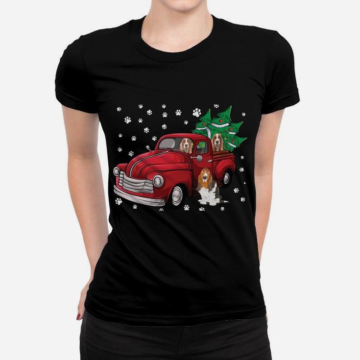 Red Truck Merry Christmas Tree Basset Hound Christmas Women T-shirt