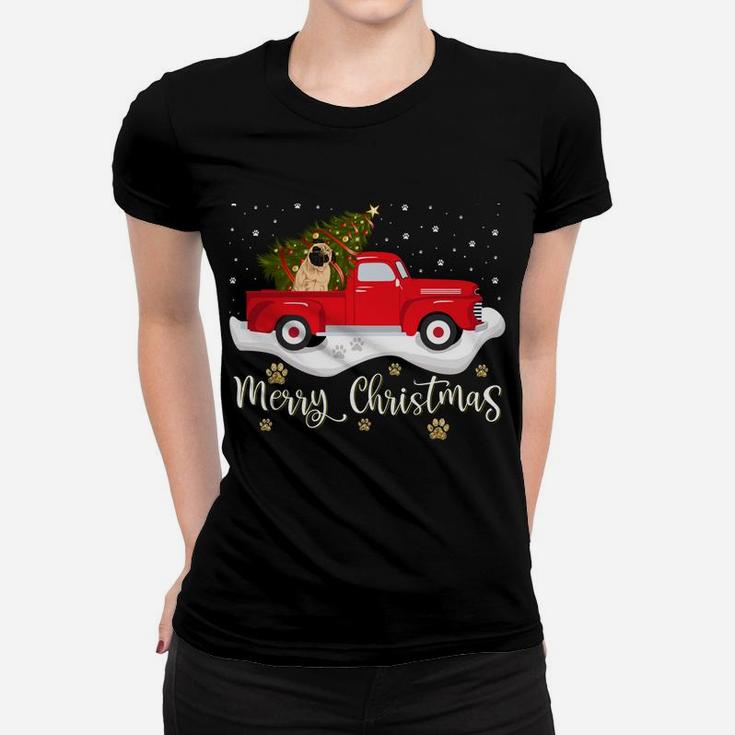 Red Truck Merry Christmas Tree Pug Christmas Women T-shirt
