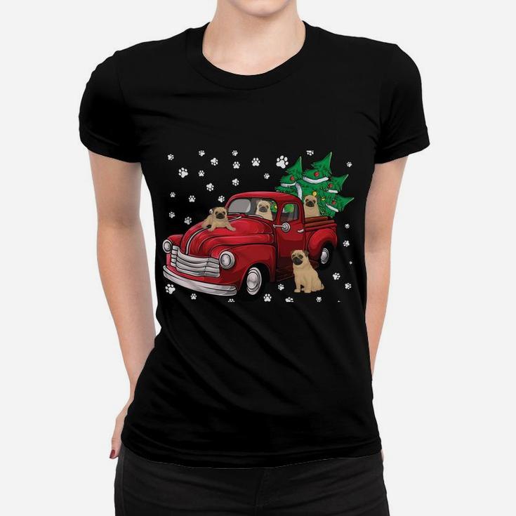 Red Truck Merry Christmas Tree Pug Dog Christmas Women T-shirt