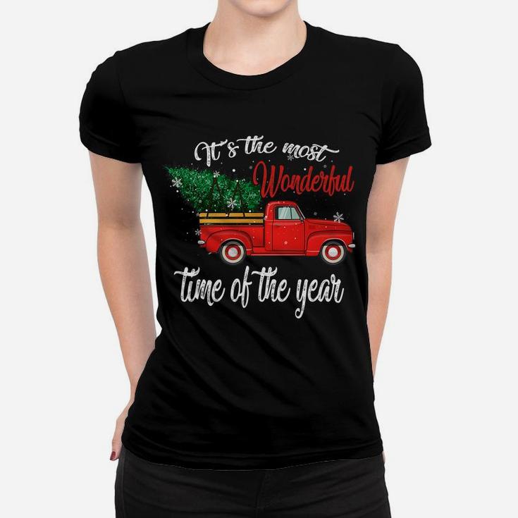 Red Truck Pick Up Christmas Tree Most Wonderful Time Of Year Women T-shirt