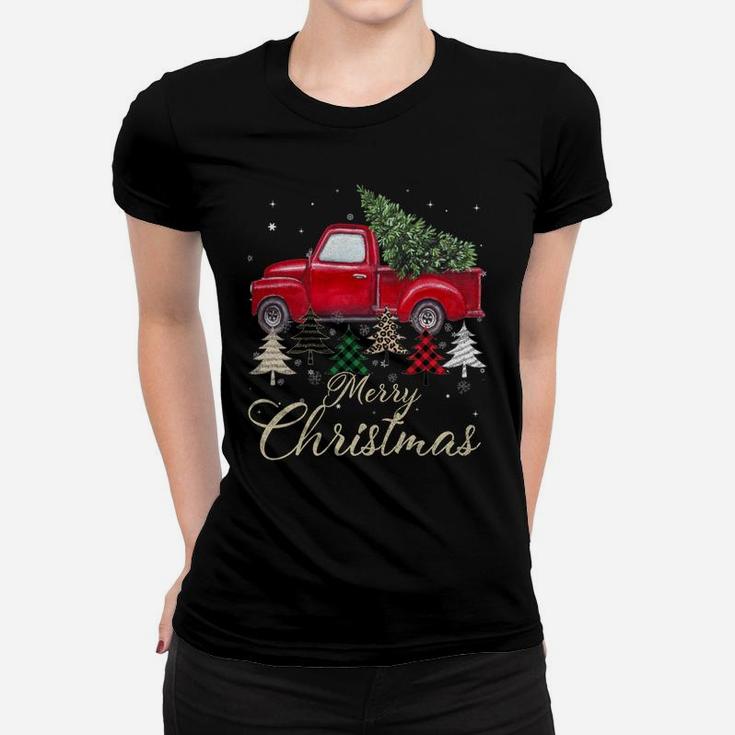 Red Truck With Buffalo Plaid And Leopard Christmas Tree Women T-shirt