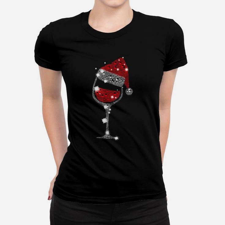 Red Wine Glass Christmas Funny Santa Hat Xmas Holiday Gift Women T-shirt