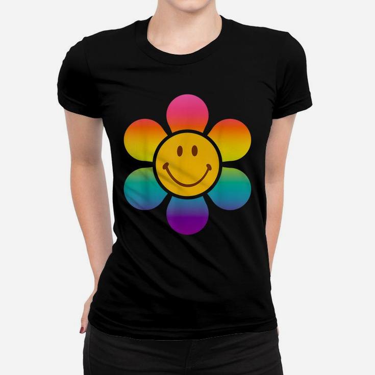 Retro 70S Costume For Women Hippie Flower Smily Face Rainbow Women T-shirt