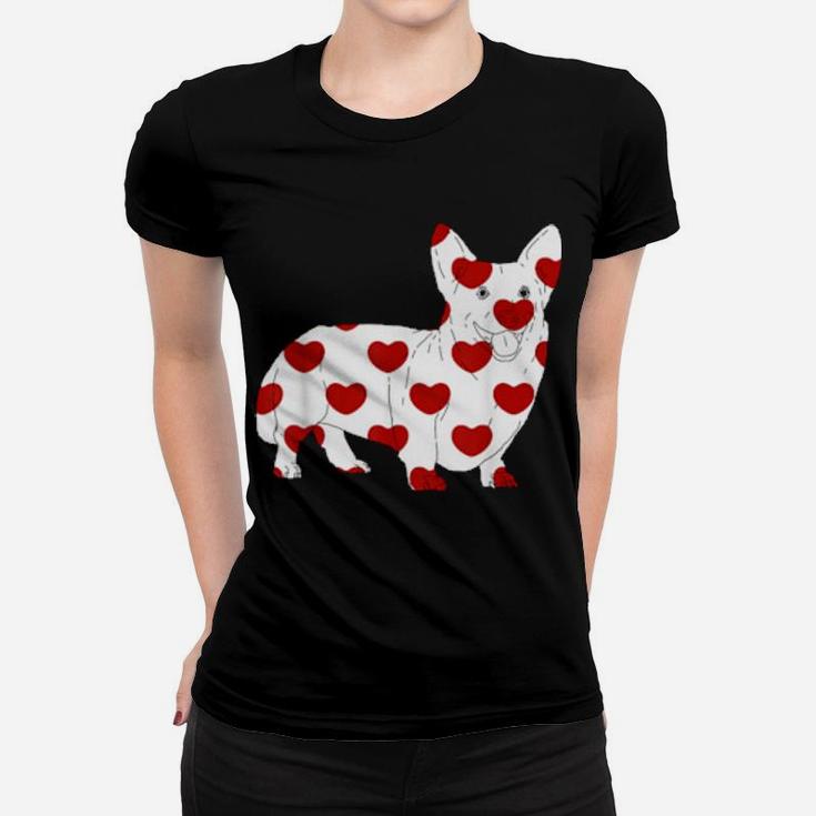 Romantic Corgi Dog With Red Hearts Print Valentines Day Women T-shirt