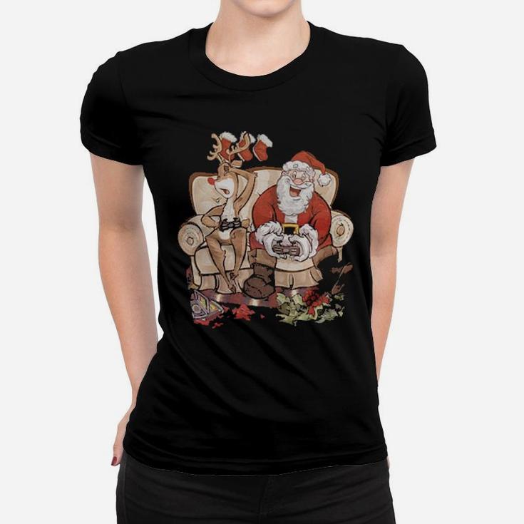 Santa And Reindeer Playing Games Together Women T-shirt