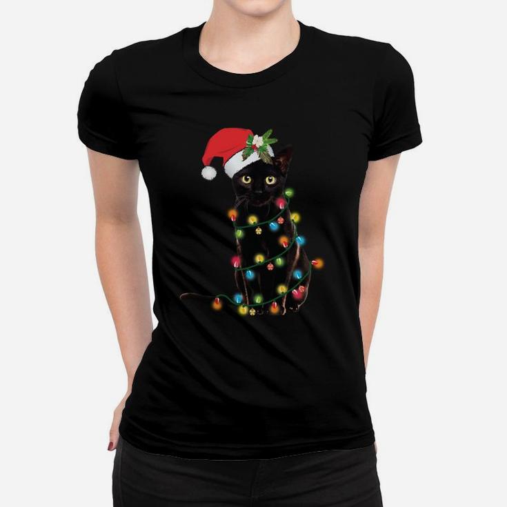 Santa Black Cat Wrapped Up In Christmas Tree Lights Holiday Women T-shirt