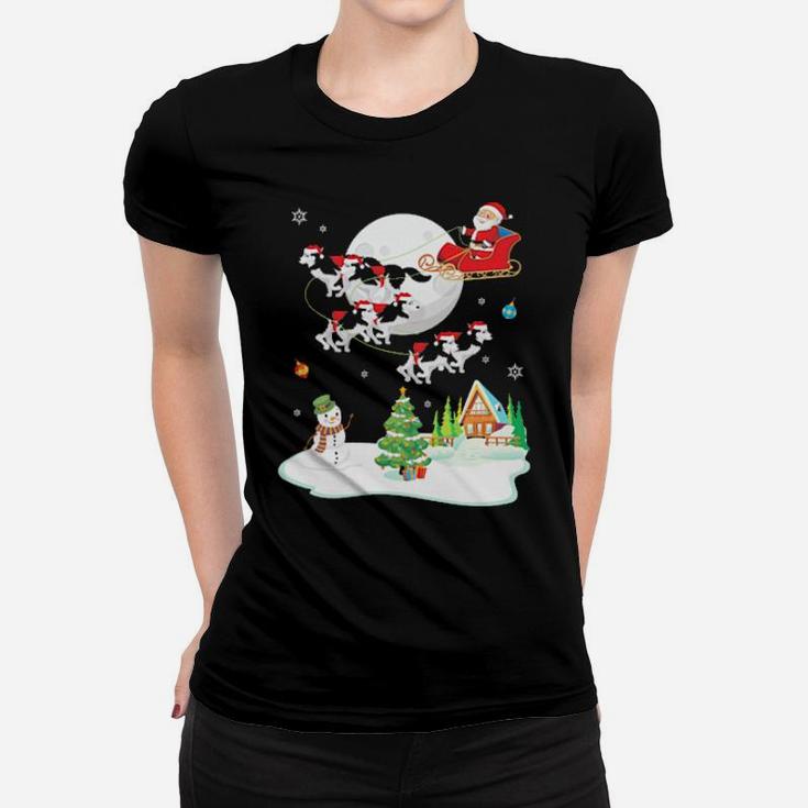 Santa Claus And Husky Dogs Snowman Dancing Noel Women T-shirt