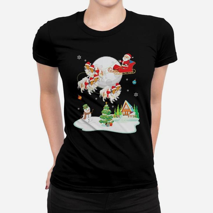 Santa Claus And Papillon Dogs Snowman Dance Noel  Snow Women T-shirt