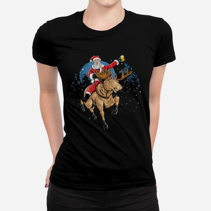 Santa Claus Drinking A Beer While Riding A Moose Women T-shirt