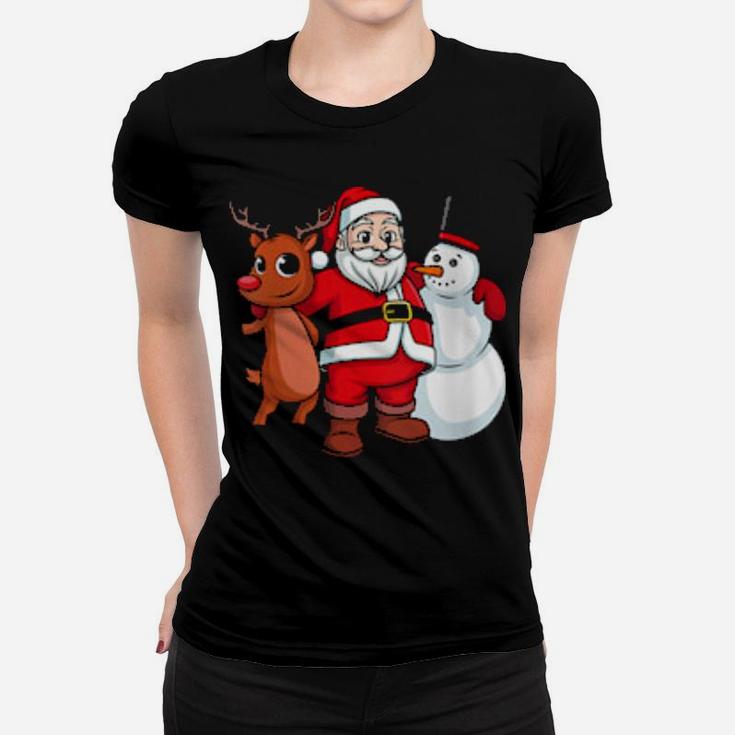 Santa Claus Hugging Snowman And Reindeer Women T-shirt