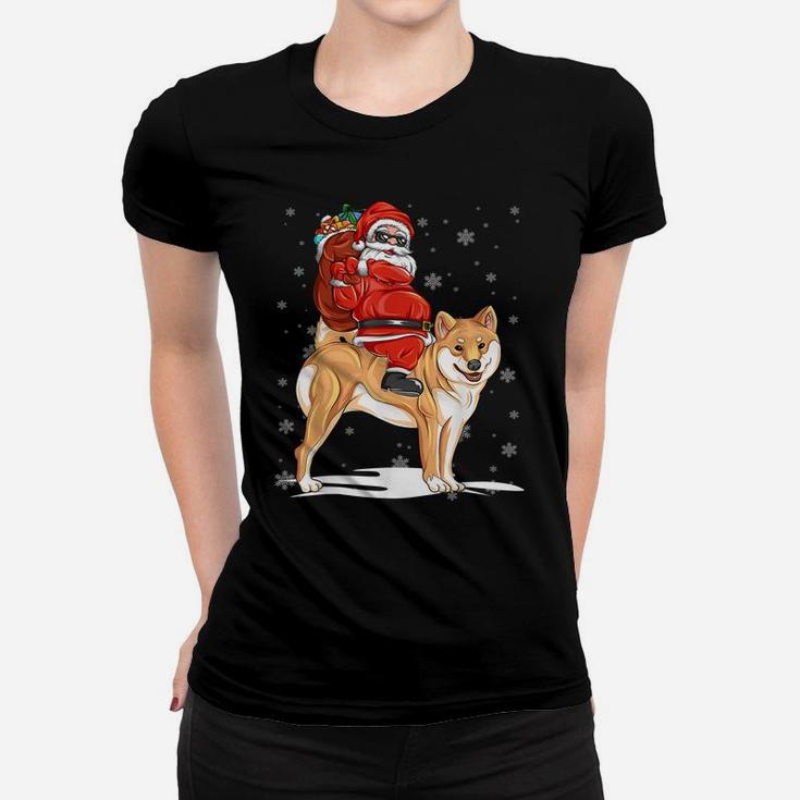 Santa Riding Shiba Inu Dog With Hat Claus Christmas Shiba In Women T-shirt