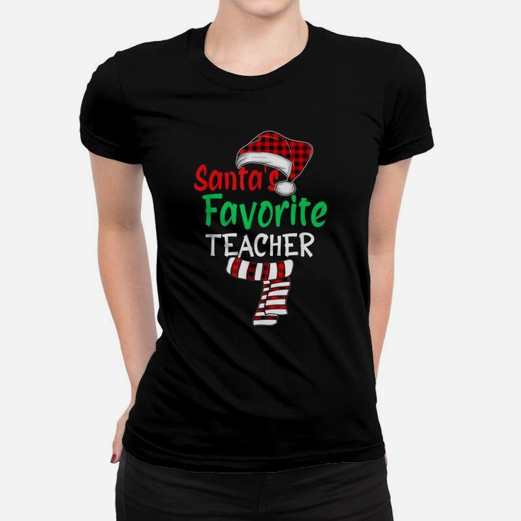 Santa's Favorite Teacher Funny Christmas Santa Red Plaid Women T-shirt