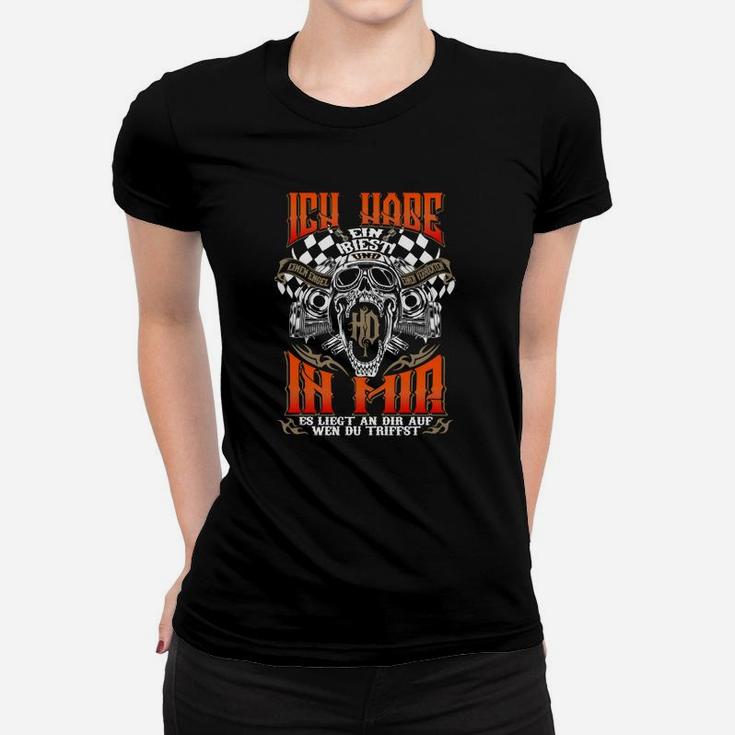 Schwarzes Motorrad-Schädel Frauen Tshirt mit Deutschem Spruch für Biker