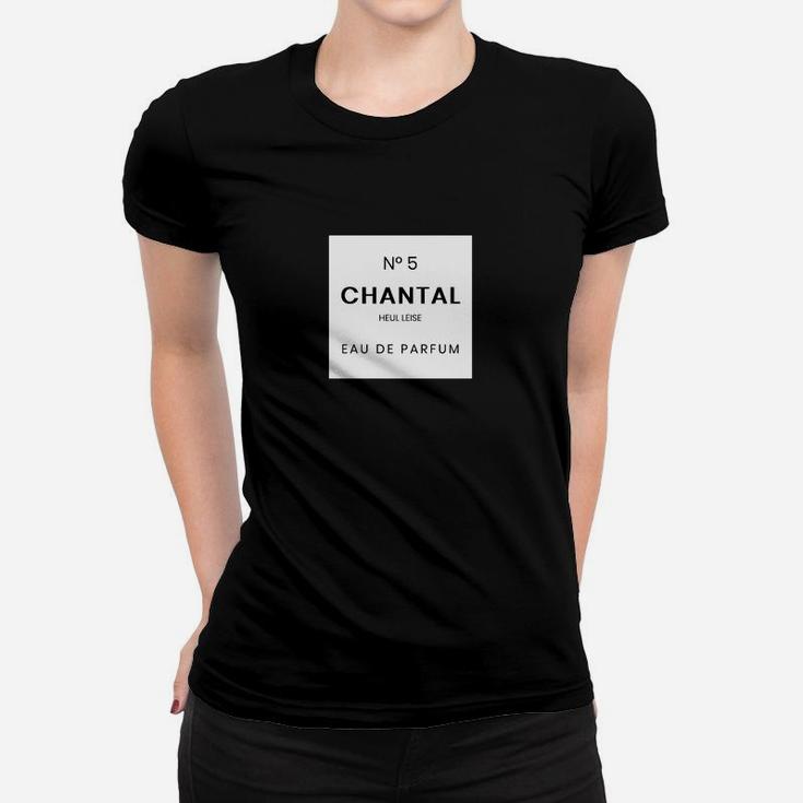 Schwarzes Unisex Frauen Tshirt mit Chantal Nº 5 Parfum-Design, Stilvolles Mode-Statement
