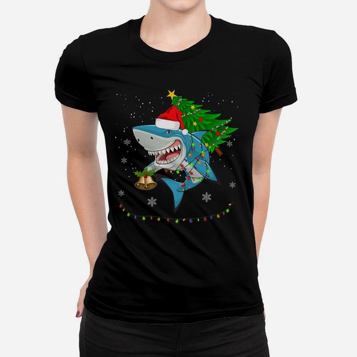 Shark Santa Tree Hat In Snow Merry Christmas Decoration Women T-shirt