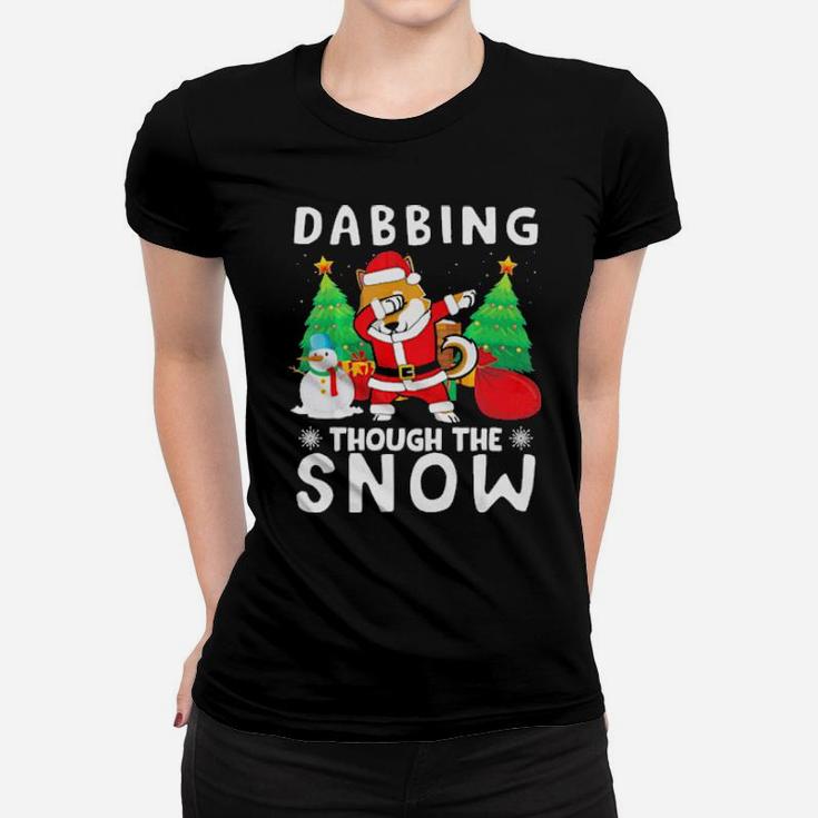 Shiba Inu Dabbing Through The Snow Penguins Xmas Presents Women T-shirt