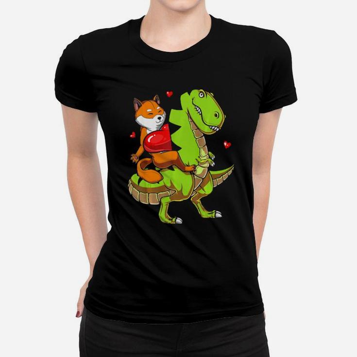 Shiba Inu Dog Riding Trex Dinosaur Valentines Day Women T-shirt