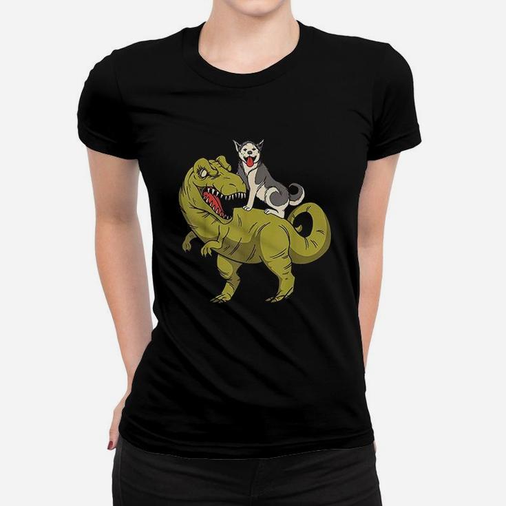 Siberian Husky Dog Riding Dinosaur Women T-shirt
