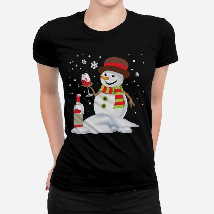 Snowman Drinking Red Wine Funny Partner Matching Couple Women T-shirt