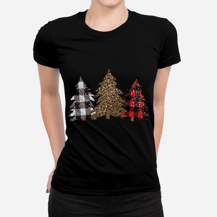 Snowy Trees Leopard Buffalo Plaid Print Cute Merry Christmas Women T-shirt