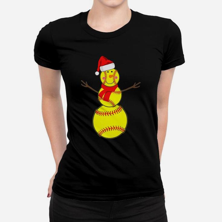 Softball Snowman Christmas Santa Hat Scarf Matching Pajama Women T-shirt