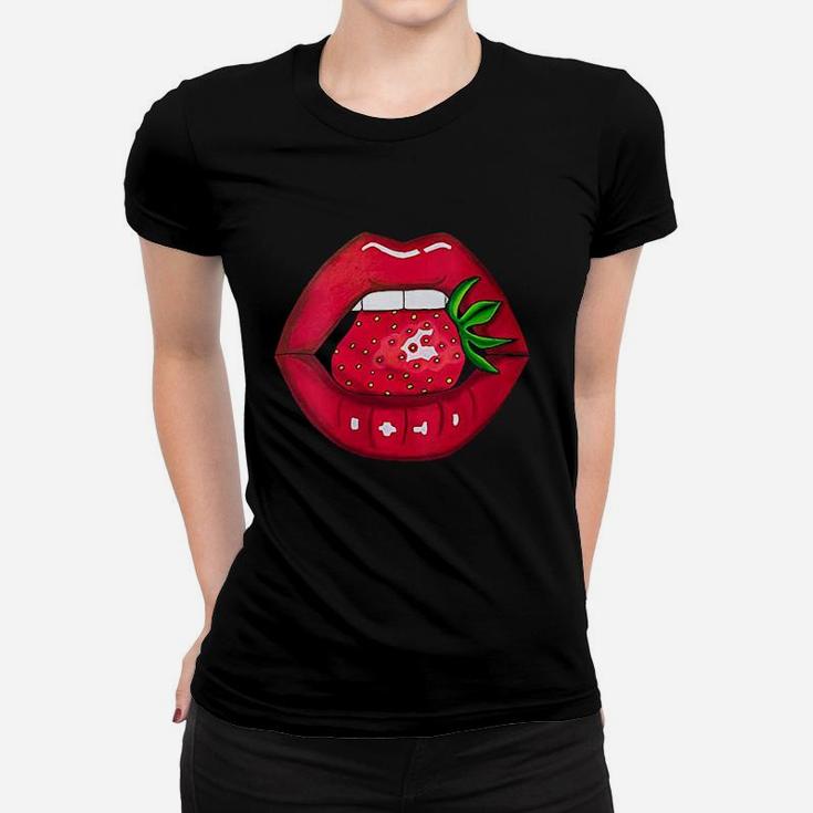 Strawberry Lips Red Lipstick Woman Strawberries Mouth Women T-shirt