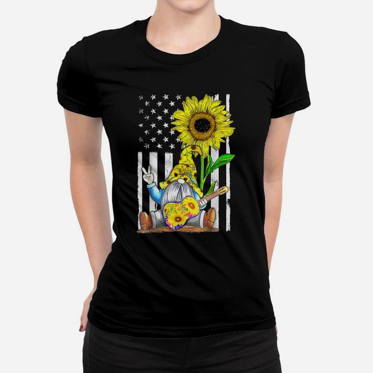 Sunflower Gnome Playing Guitar Hippie American Flag Plussize Women T-shirt