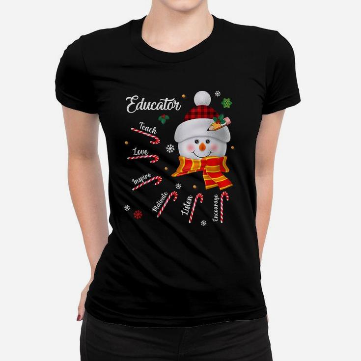 Teach Love Inspire Educator Lover Snowman Christmas Xmas Women T-shirt