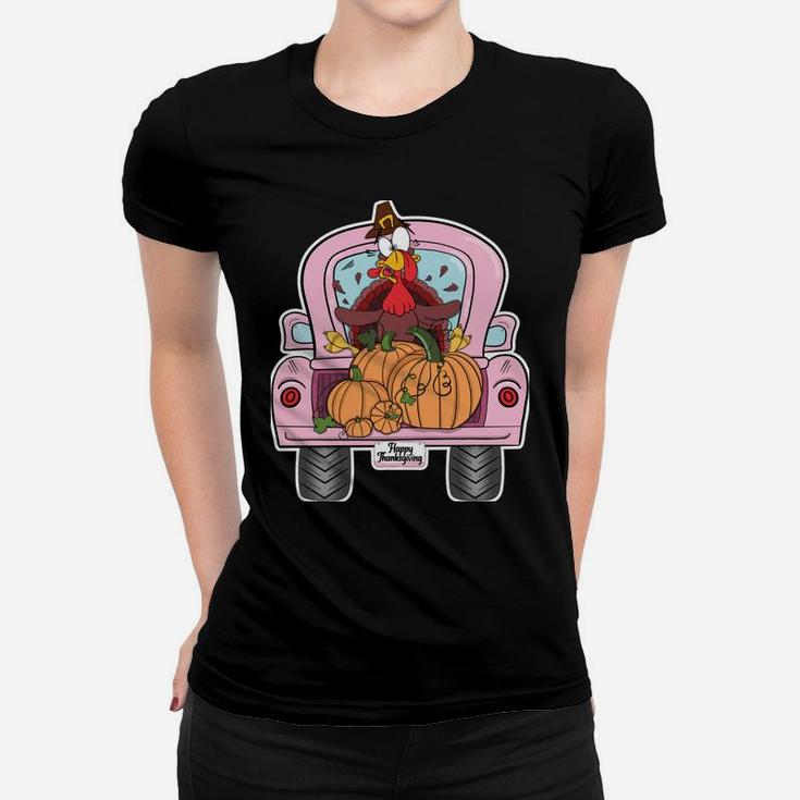Thanksgiving, Turkey, Vintage, Pink, Truck, Pumpkins, Funny Women T-shirt