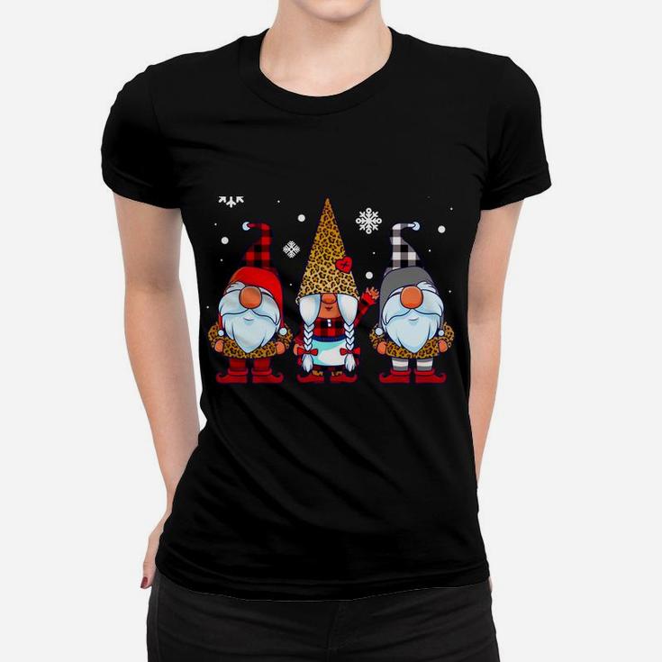 Three Gnomes In Leopard Print Buffalo Plaid Christmas Xmas Women T-shirt