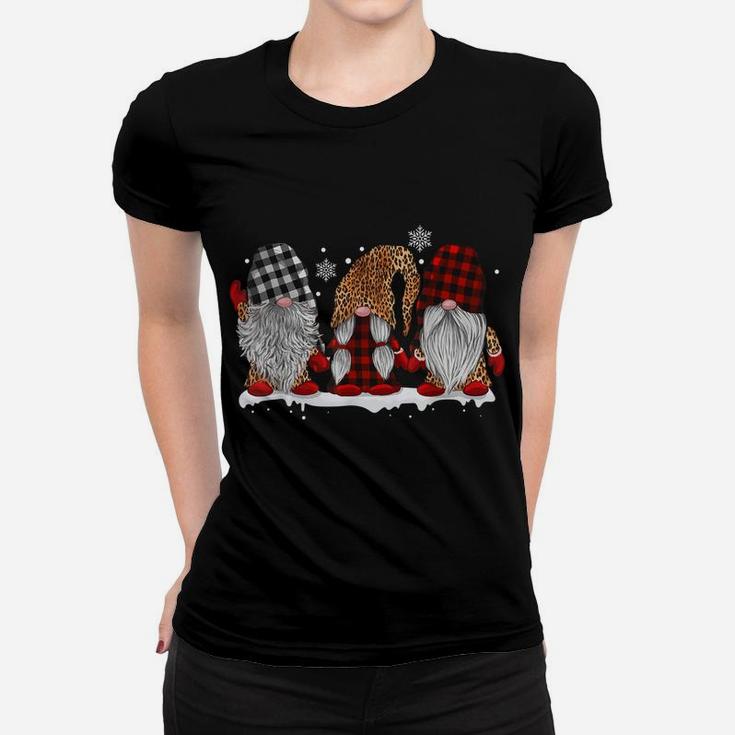 Three Gnomes In Leopard Printed Buffalo Plaid Christmas Gift Women T-shirt