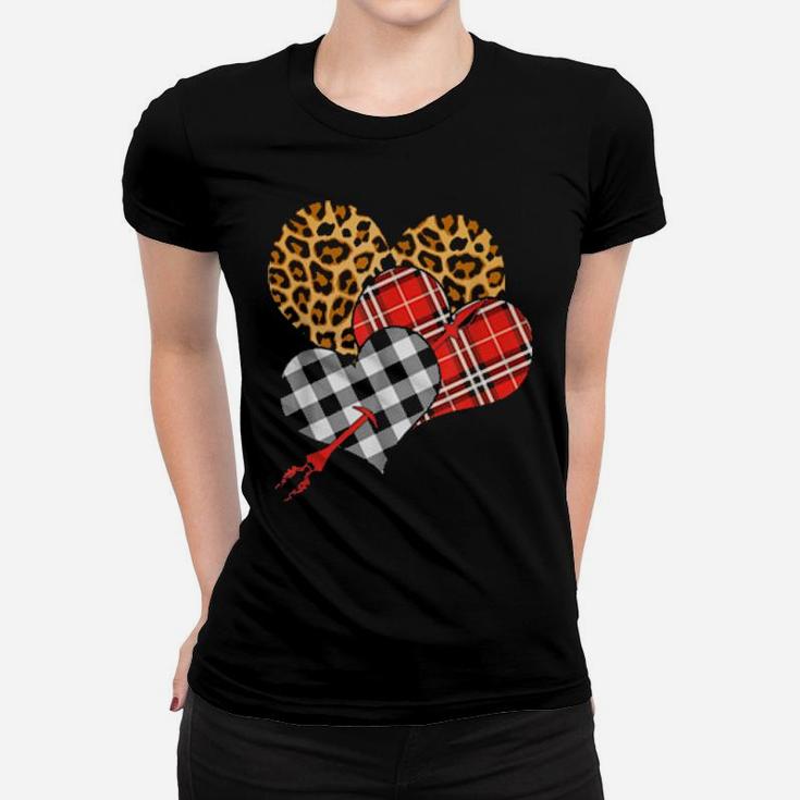 Three Hearts Leopard Buffalo Plaid Valentines Day Women T-shirt