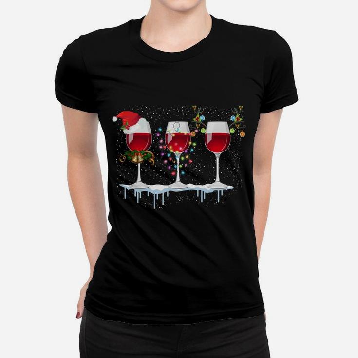 Three Red Wine Glass Christmas Santa Funny Hat Xmas Gift Sweatshirt Women T-shirt
