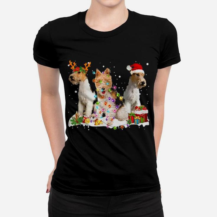 Three Wired Haired Fox Terriers Xmas Women T-shirt