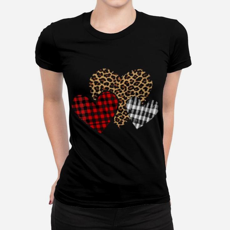 Valentines 3 Hearts Buffalo Plaid Leopard Mom Grandmother Women T-shirt