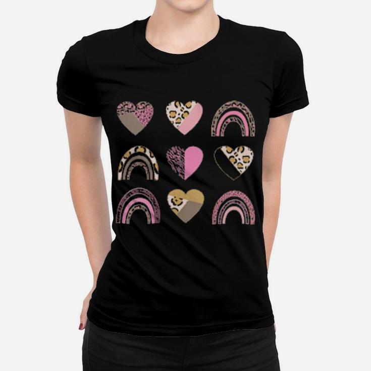 Valentine's Hearts Leopard Print Pink Rainbow Aesthetic Women T-shirt