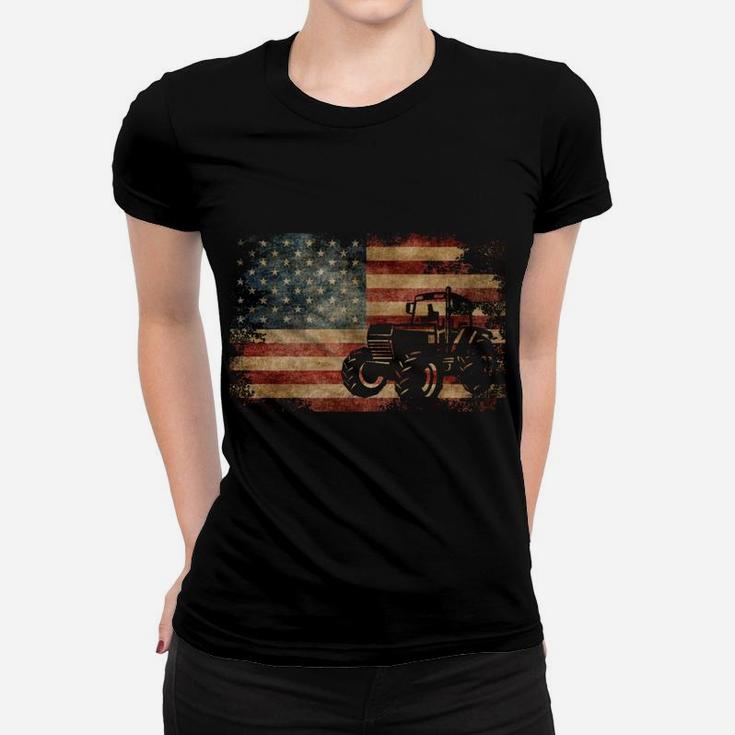 Vintage Farm Tractor American Flag Patriotic Farming Usa Women T-shirt